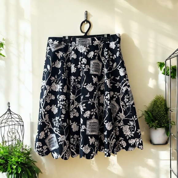 Talbots Black/Grey/White Bird Cages/Floral/Branches Print A-Line Skirt - Picture 4 of 14